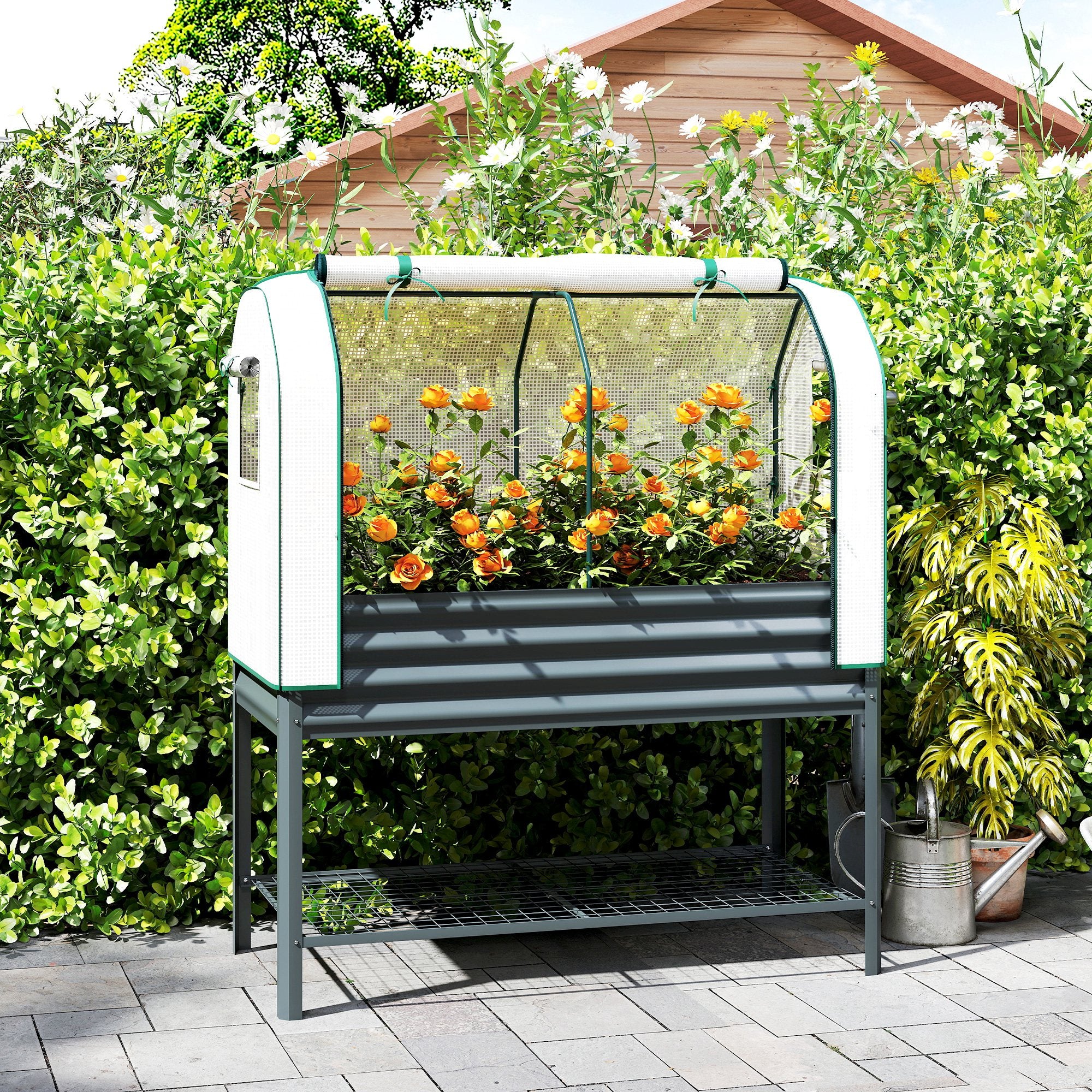 Outsunny Galvanised Raised Planter with Greenhouse Cover, Metal Raised Garden Bed on Legs with Bed Liner and Bottom Shelf 