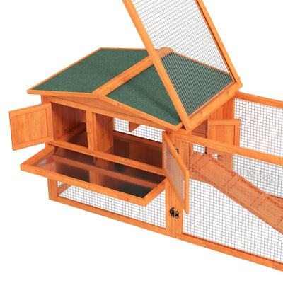 PawHut Rabbit Hutch with Run Wooden Guinea Pig Hutch Outdoor Bunny Cage Hide House with Sliding Tray, Hay Rack, Ramp, 156 x 58 x 68cm, Orange 
