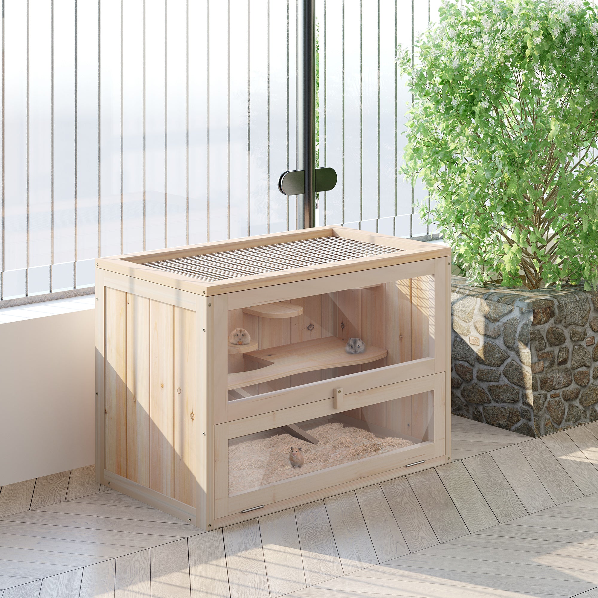 PawHut Wooden Hamster Cage Mouse Mice Rodent Small Animals Hutch Exercise Play House 60 x 35 x 42cm, Natural Wood Finish 