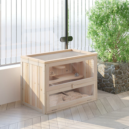 PawHut Wooden Hamster Cage Mouse Mice Rodent Small Animals Hutch Exercise Play House 60 x 35 x 42cm, Natural Wood Finish 