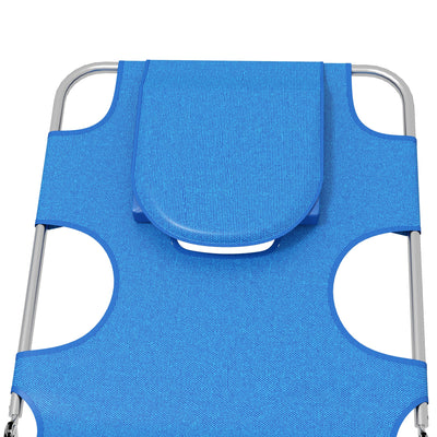 Outsunny Foldable Sun Lounger Set of 2 with Reading Hole, Portable Sun Lounger with 5 Level Adjustable Backrest, Reclining Lounge Chair with Side Pocket, Headrest Pillow, Blue 