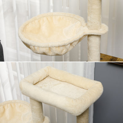 PawHut Cat Litter Box Enclosure, with Tree Tower, Cat House, Hammock, Cushion - Rustic Brown 