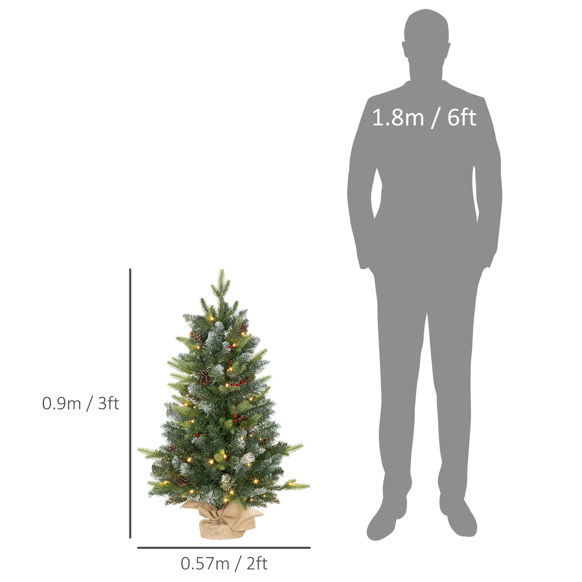 HOMCOM Set of Two 3ft Christmas Trees, with Lights, Berries and Pinecones 