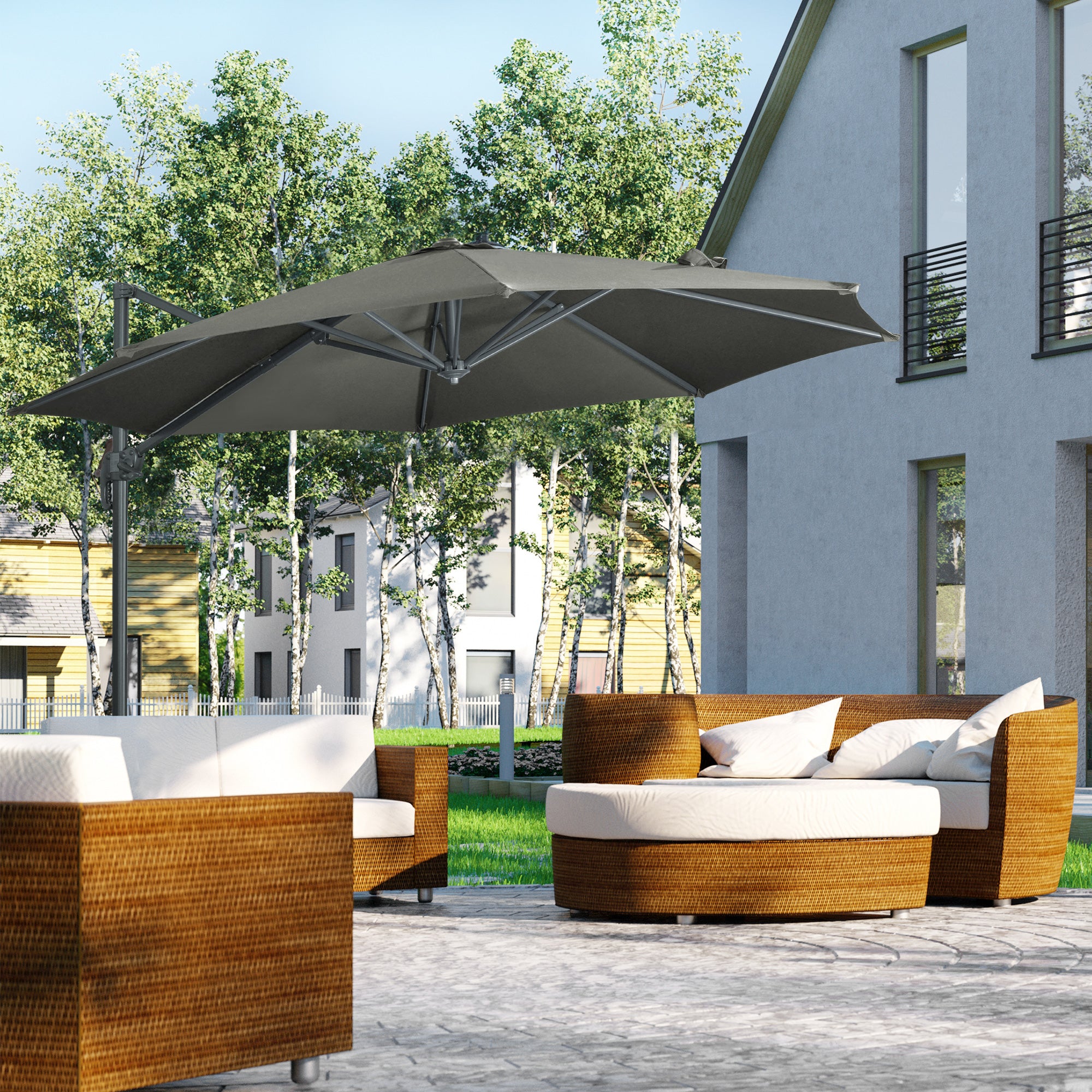 Outsunny 3 x 3(m) Cantilever Parasol with Cross Base, Garden Umbrella with 360\'c2\'b0 Rotation, Crank Handle and Tilt for Outdoor, Patio, Grey