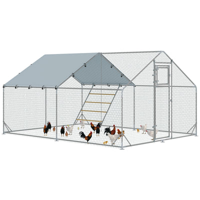 PawHut Walk in Chicken Run w/ Cover, Feeding Door, Hanging Feeder, Perch, for 12-18 Poultry 