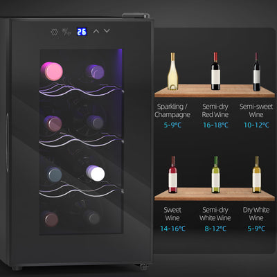 HOMCOM Mini Wine Fridge, 8 Bottle, 21L, 26.5cm, Freestanding and Under Counter, Quiet Wine Cooler Fridge with Glass Door, LED Light, Digital Touch Screen, Temperature Control 