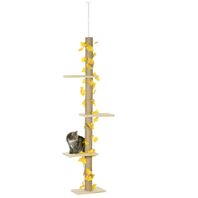 PawHut 242cm Adjustable Floor-To-Ceiling Cat Tree, with Artificial Decoration, Perches, Anti-Slip Kit - Yellow 