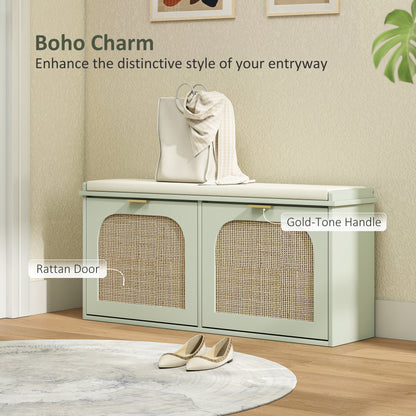 HOMCOM Boho Shoe Bench with Padded Seat and 2 Flip-Drawers - Light Green