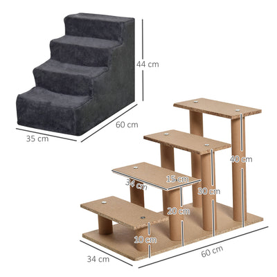 PawHut Four-Step Dog Stairs, with Washable Plush Cover, for High Bed Sofa, Dog Stairs for Small Dog and Cat - Dark Grey 