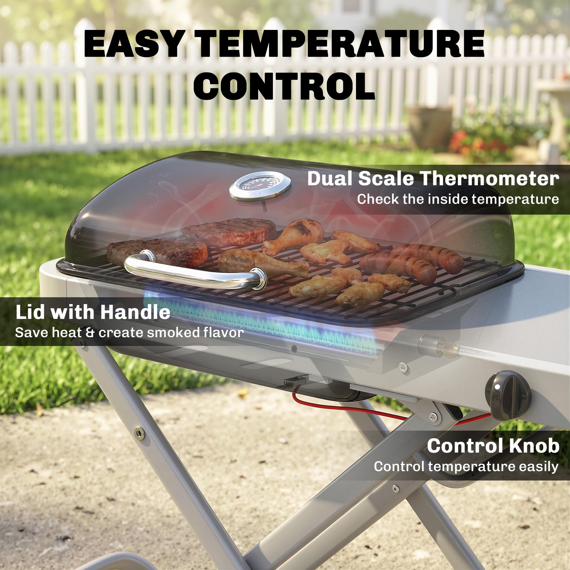Outsunny Foldable Gas BBQ Grill with Side Table, Portable Gas Barbecue Grill with Thermometer, Grease Box, Wheels, 2.5 kW, Black 