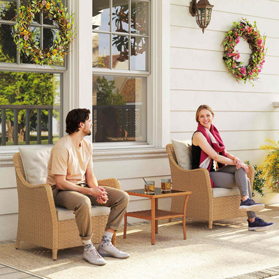 Outsunny Rattan Garden Chairs Set of 2, Outdoor Rattan Chairs with Cushions, Armrests and High Back, PE Wicker Garden Armchair with Steel Frame for Balcony, Porch, Beige 