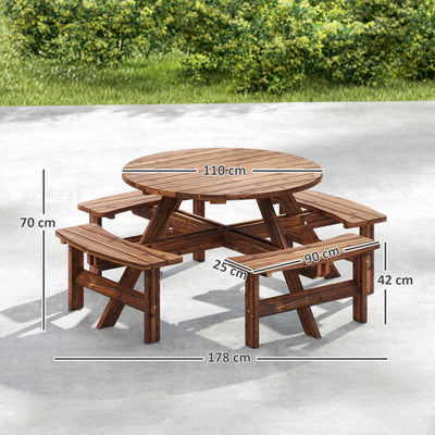 Outsunny Wooden Garden Dining Set, 8 Seater Patio Furniture Set with Round Picnic Table, Parasol Hole for Outdoor Garden, Tan 