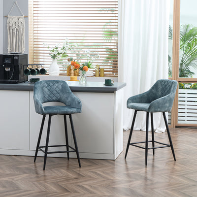 HOMCOM Bar Stools Set of 2, Velvet-Touch Fabric Counter Height Bar Chairs, Kitchen Stools with Steel Legs for Dining Area, Kitchen Island Barstools, Blue 