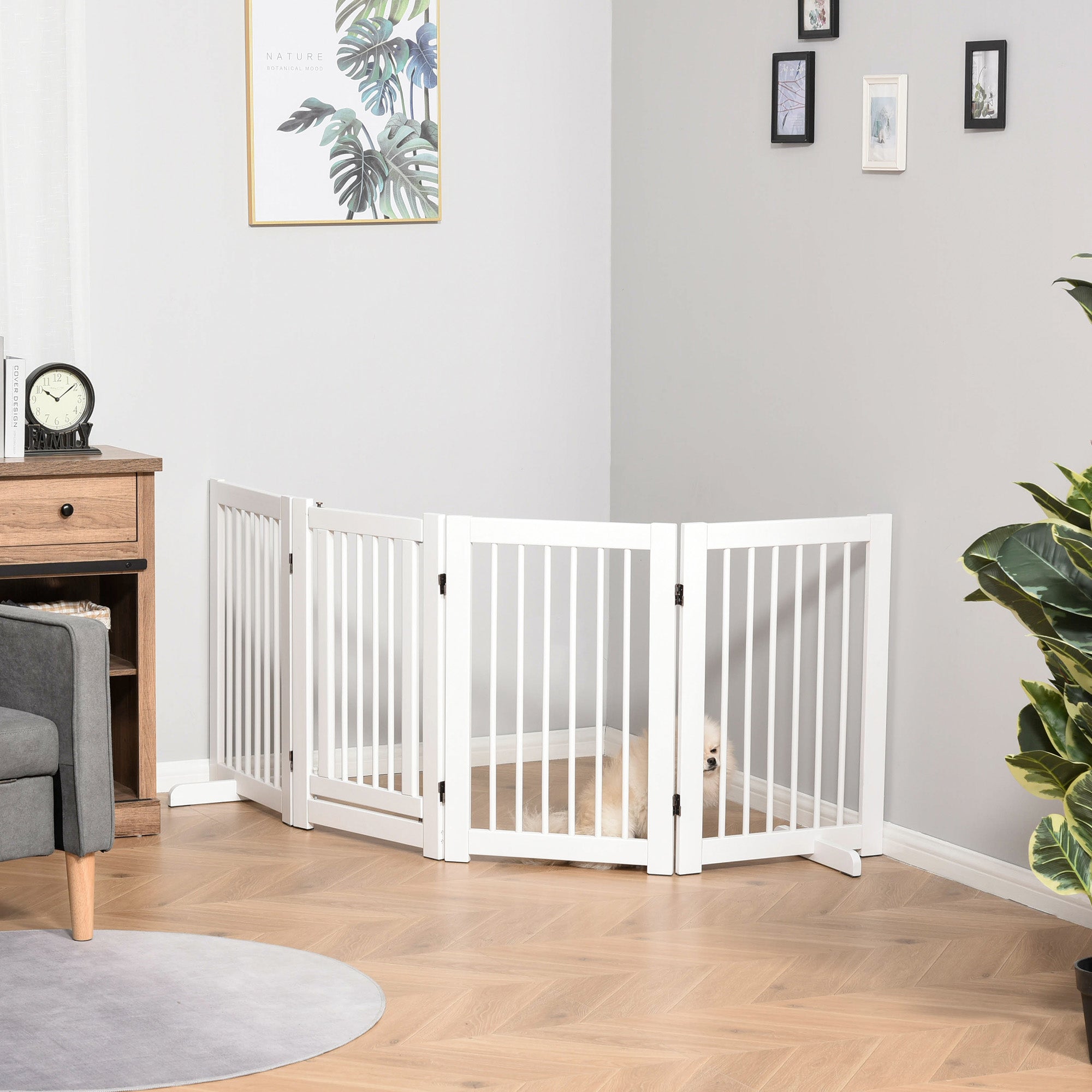 PawHut Freestanding Pet Gate 4 Panels Wooden Dog Safety Fence Foldable with Support Feet for Doorway Stairs 91cm Tall White 