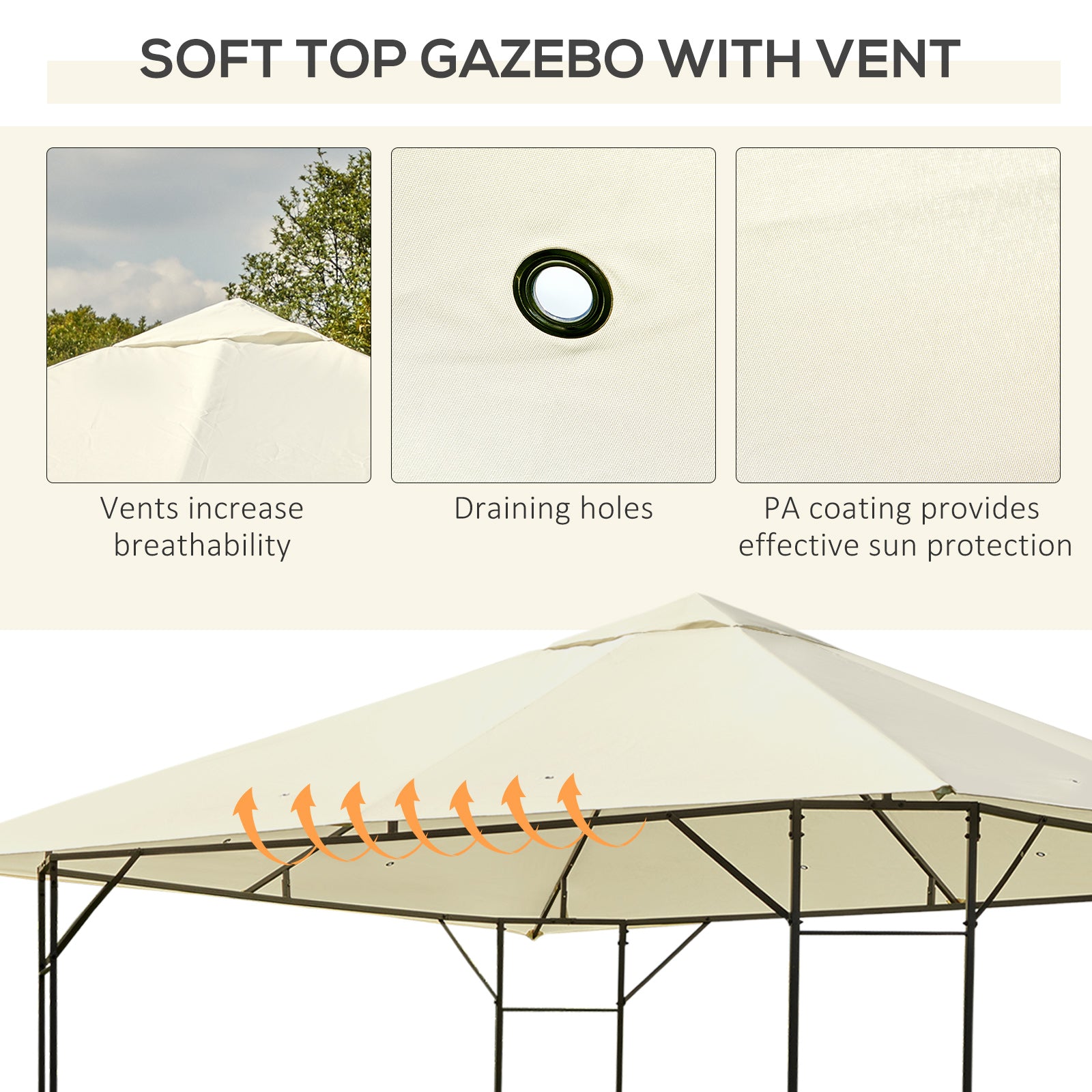 Outsunny 3 x 3 Meters Patio Garden Metal Gazebo Marquee Steel Frame with Canopy Awning Tent Water Resistant Cream 