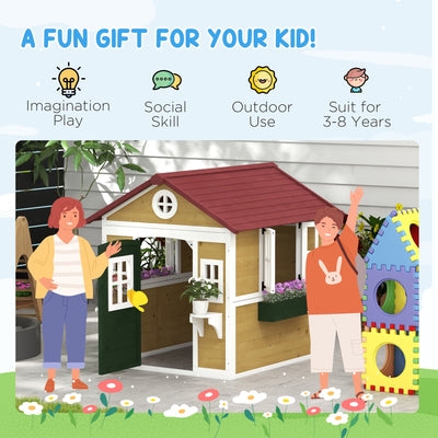 Outsunny Wooden Playhouse with Doors, Windows, Plant Pots, Boxes, for 3-8 Years - Beige 