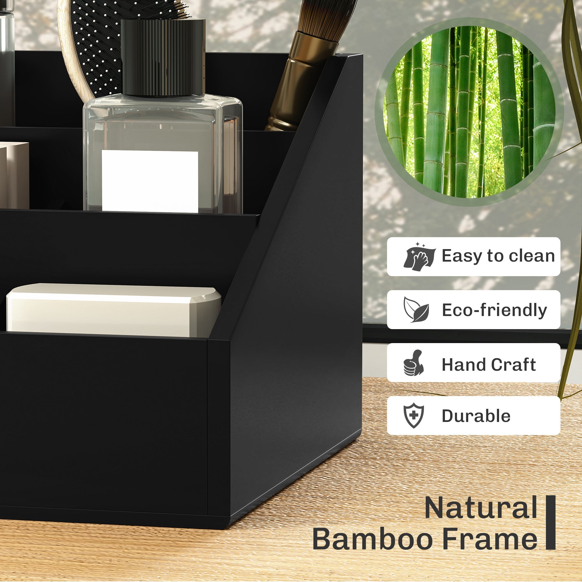 HOMCOM Desk Organiser Holder, Bamboo Multi-Function Storage Caddy with 7 Storage Compartments and 2 Drawers for Home Office Stationary Supplies, Black 