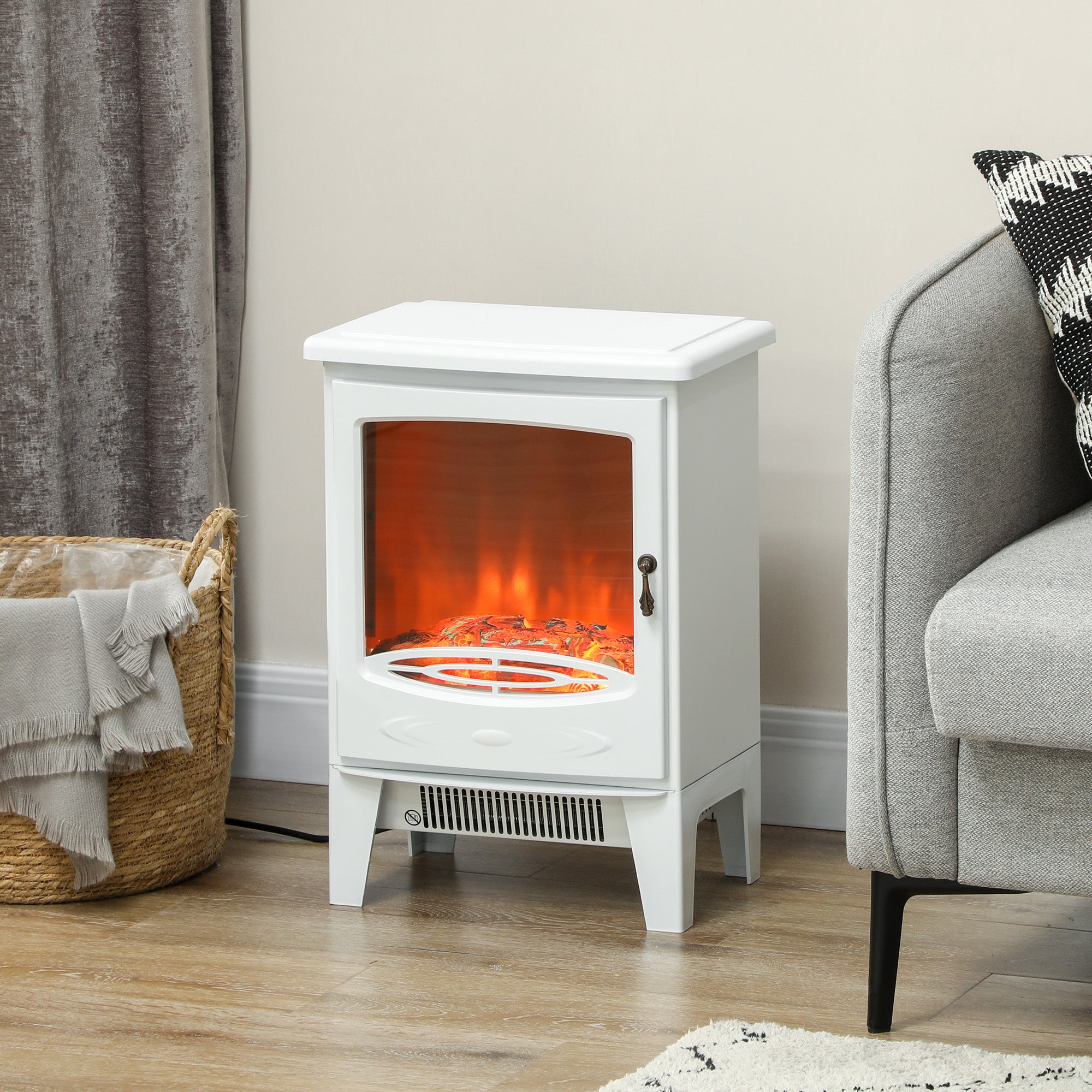 HOMCOM Tempered Glass Casing Electric Fireplace, Freestanding Electric Fire with Realistic Flame Effect, Log Burner with Overheat Protection, 950w/ 1850W, White 