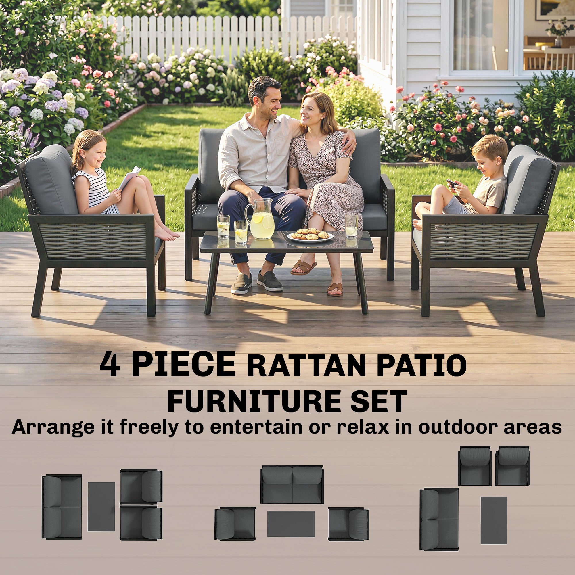 Outsunny 4 Seater Rattan Garden Furniture Set with 2 Armchairs, Loveseat, Coffee Table, Garden Sofa Set with Cushions, Dark Grey 