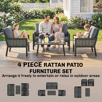Outsunny 4 Seater Rattan Garden Furniture Set with 2 Armchairs, Loveseat, Coffee Table, Garden Sofa Set with Cushions, Dark Grey 