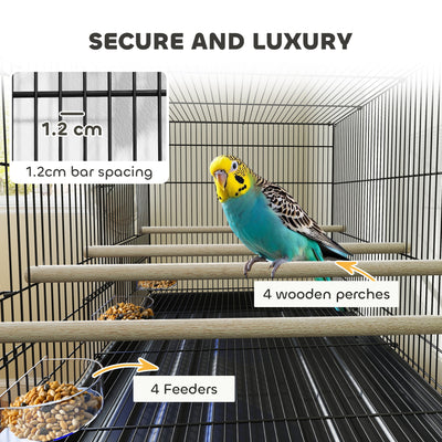 PawHut Bird Cage with Divider, 4 Wooden Perches, Slide Out Tray, 4 Feeders, for Budgie, Lovebird, Canary, 76 x 46 x 116cm Black 