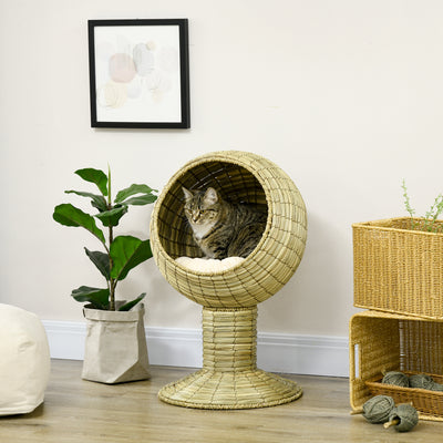 PawHut Raised Detachable Cat house, Natural Mat Grass Cat Bed, with Cushion 