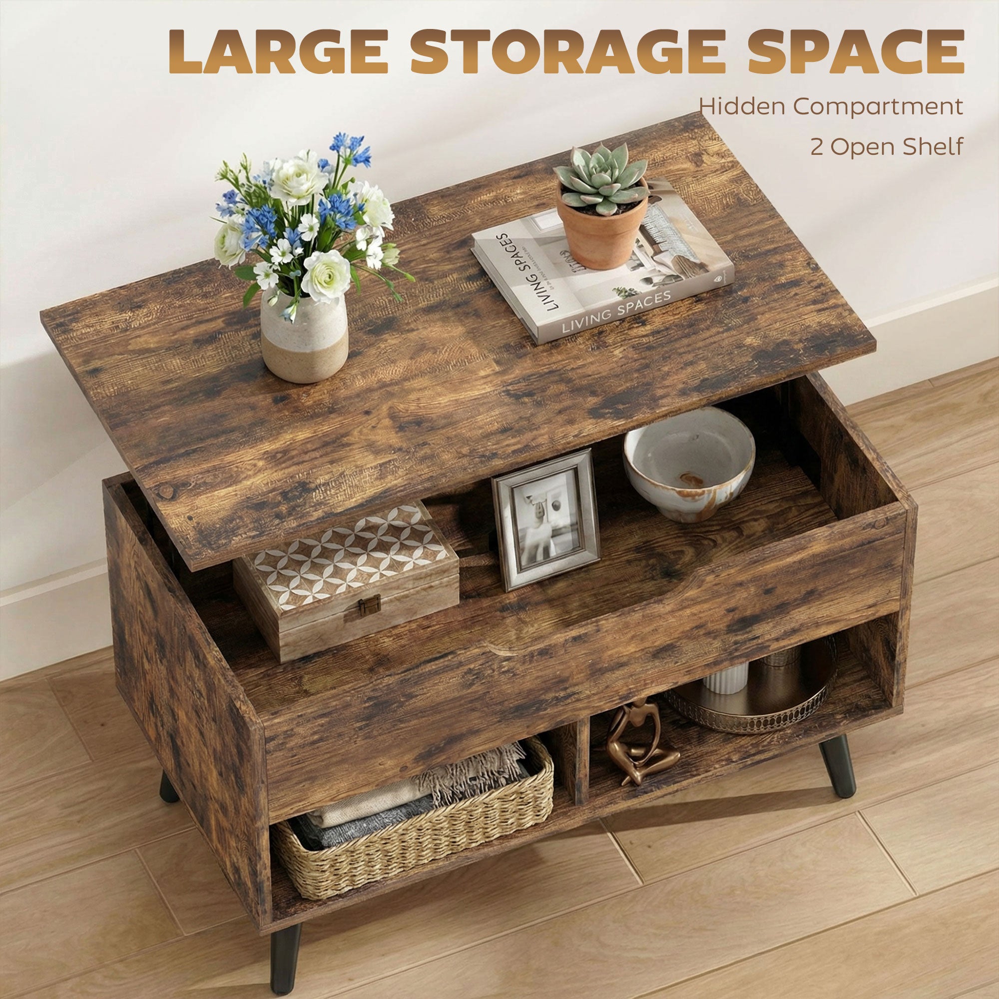 HOMCOM Lift Top Coffee Table with Hidden Storage Living Room Table Metal Legs 75 cm Rustic Brown 