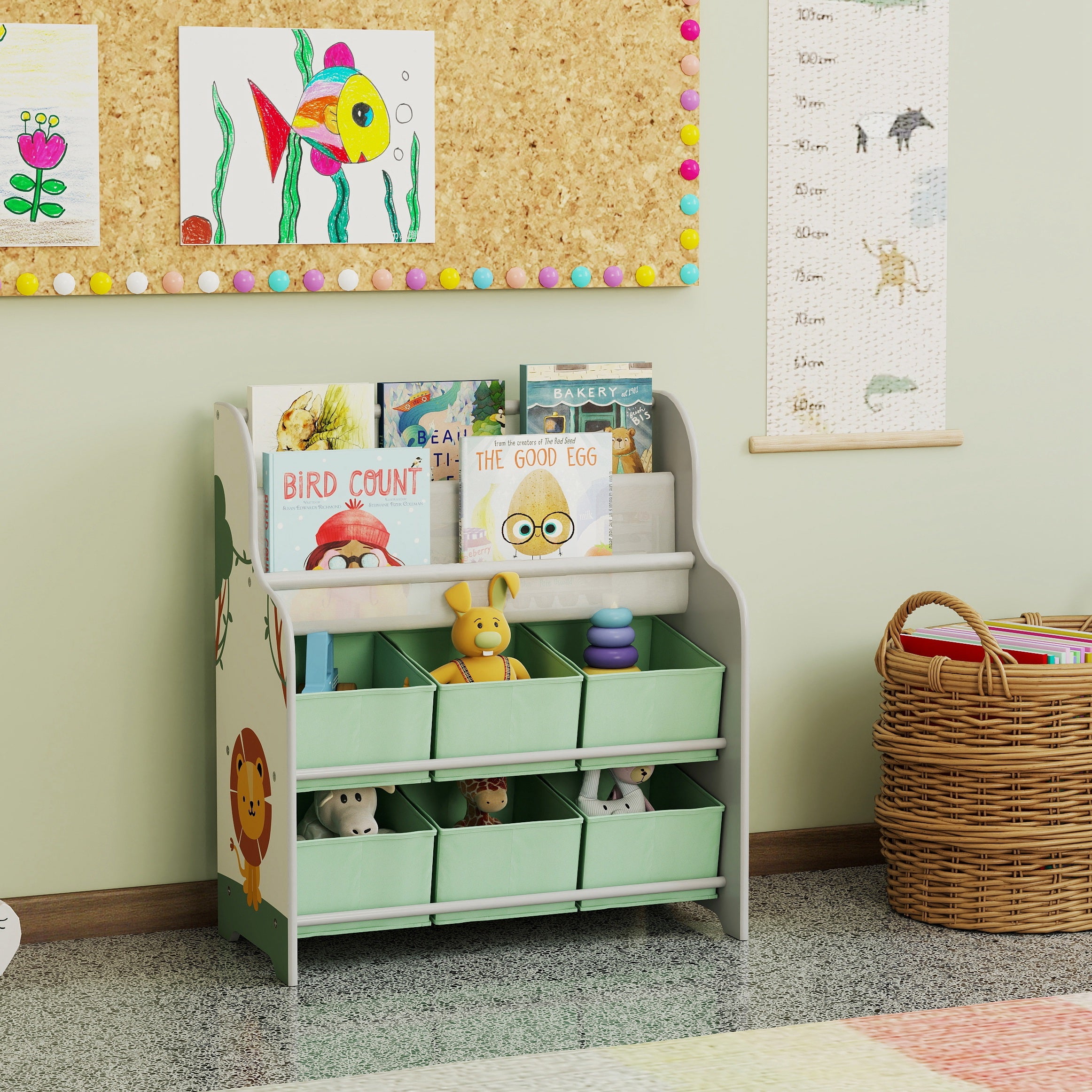 AIYAPLAY Kids Storage Unit, Toy Organiser with 6 Fabric Drawers and 2-Tier Sling Book Rack for Bedroom, Playroom, Nursery, Green 