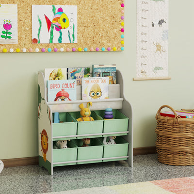 AIYAPLAY Kids Storage Unit, Toy Organiser with 6 Fabric Drawers and 2-Tier Sling Book Rack for Bedroom, Playroom, Nursery, Green 