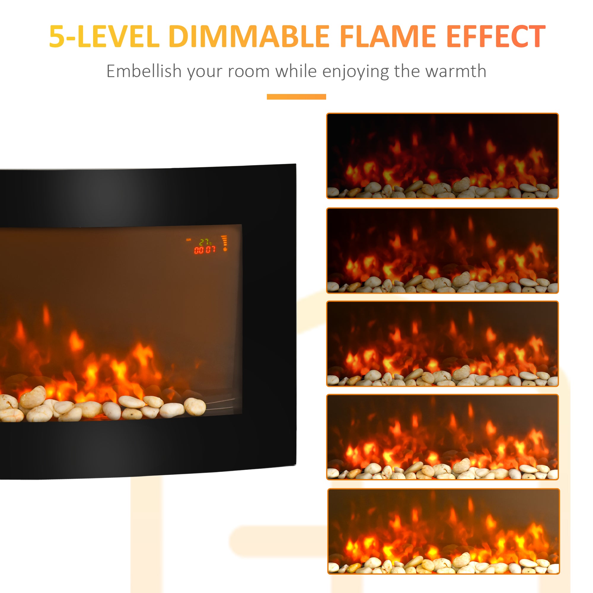 HOMCOM Led Wall Mounted Fireplace Curved Glass Electric Fire Place Fire Place 7 Colour Side Lights Slimline, 1000/2000W, 89.2cm x 48cm 