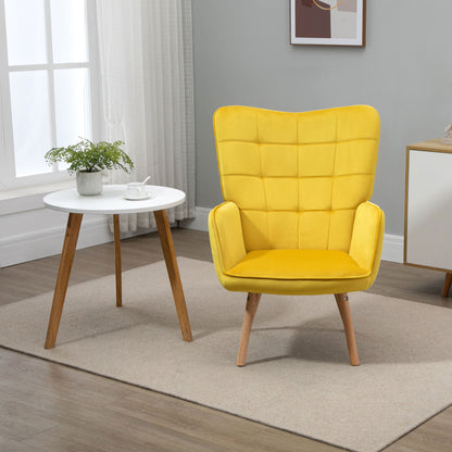 HOMCOM Modern Accent Chair, Upholstered Tufted Wingback Armchair with Seat Padding, Leisure Lounge Bedroom Chair with Wood Legs, Yellow 