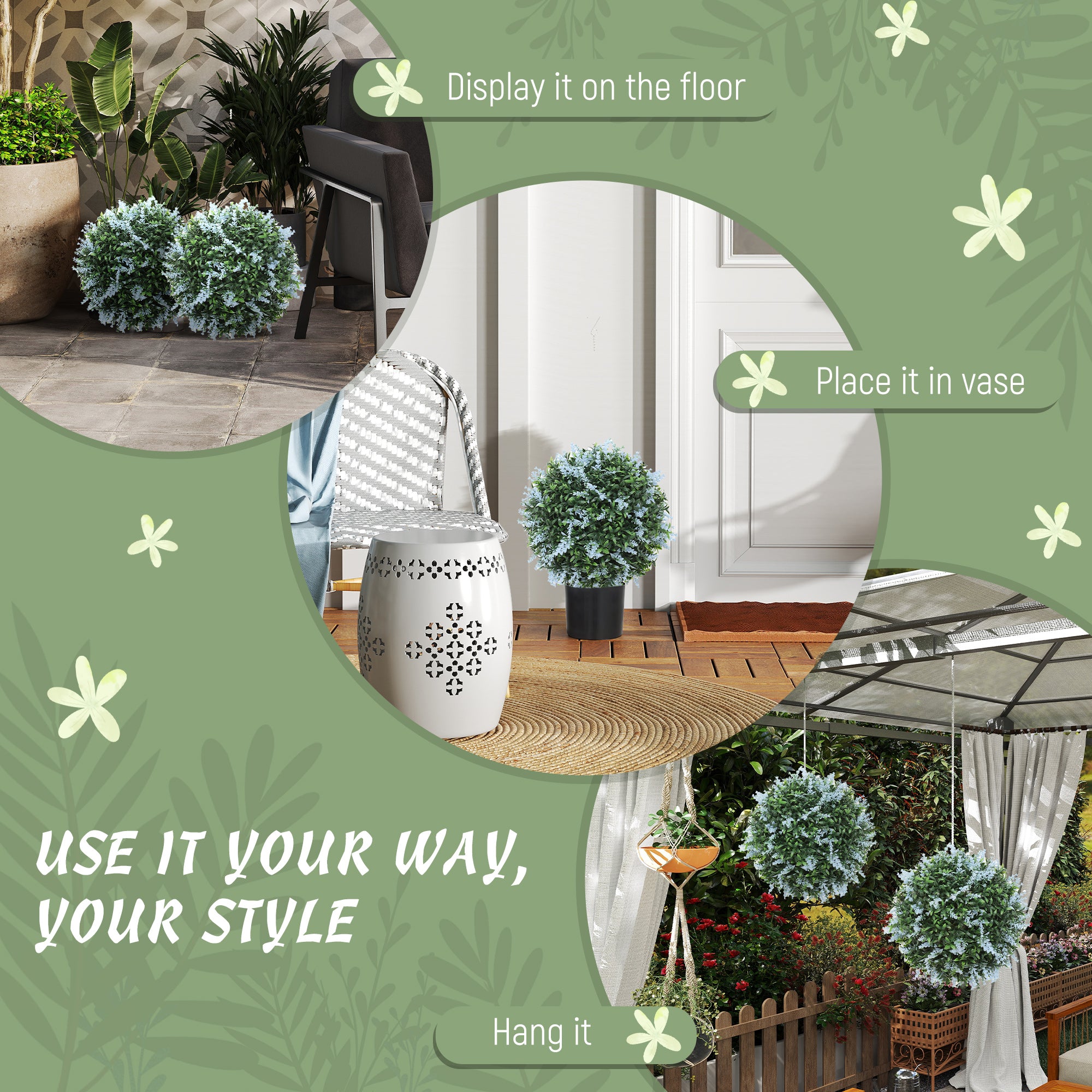 HOMCOM Set of 2 Artificial Plant Topiary Balls, UV-protected Fake Decorative Plants, Blue 