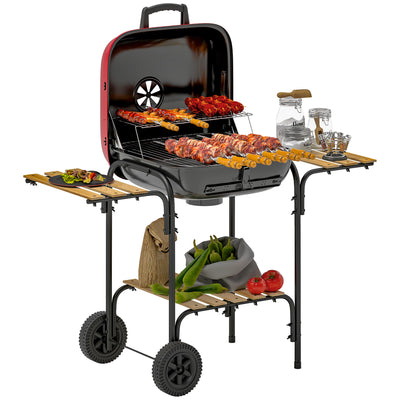Outsunny Charcoal Barbecue Grill Portable BBQ Grill with 1840 cm² Cooking Area, 3 Shelves, Adjustable Vent, Lockable Lid, Wheels for Outdoor Cooking, Garden Party, Red 