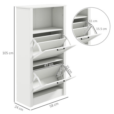 HOMCOM Modern Shoe Cabinet with 2 Flip Drawers and Adjustable Shelves, Narrow Shoe Storage Cabinet with Open Compartment, Holds 10 Pairs for Entryway, Hallway, White 