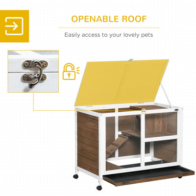 PawHut Wooden Rabbit Hutch, Bunny Cage w/ Tray, Ramp, Openable Roof, Wheels, 91.5 x 53.3 x 73cm - Brown 