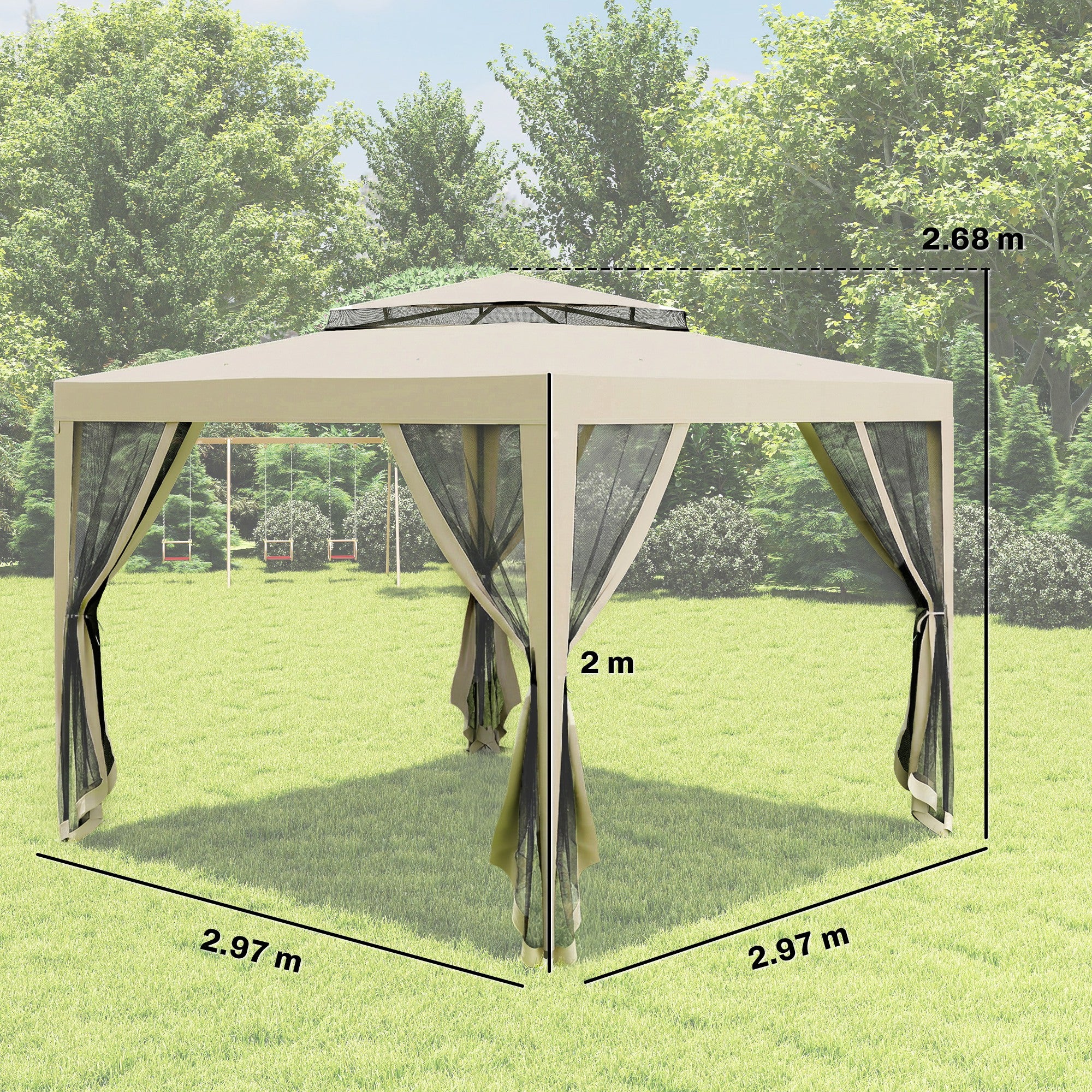 Outsunny 3 x 3 m Gazebo, Netting Party Tent, Patio Canopy Outdoor Event Shelter with Double Tier Roof, Beige 