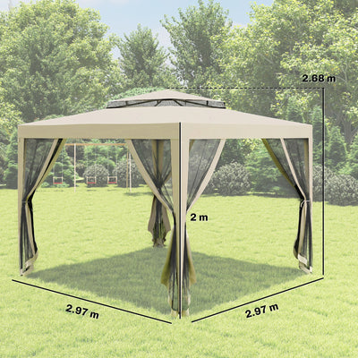 Outsunny 3 x 3 m Gazebo, Netting Party Tent, Patio Canopy Outdoor Event Shelter with Double Tier Roof, Beige 