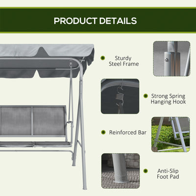 Outsunny Metal Garden Swing Chair, 3-Seater Swing Seat, Patio Hammock Bench Canopy Lounger, Light Grey 