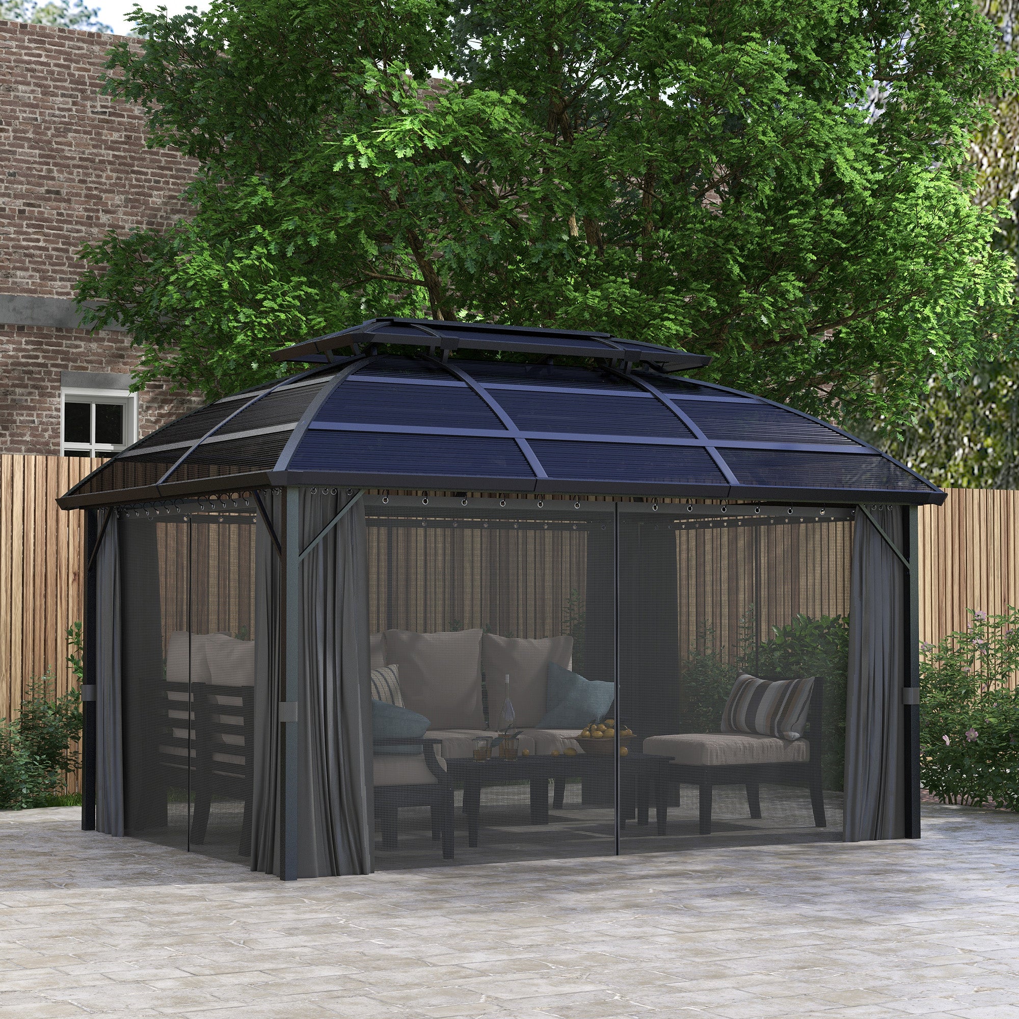 Outsunny 4 x 3m Aluminium Frame Hard Gazebo, with Accessories - Black 