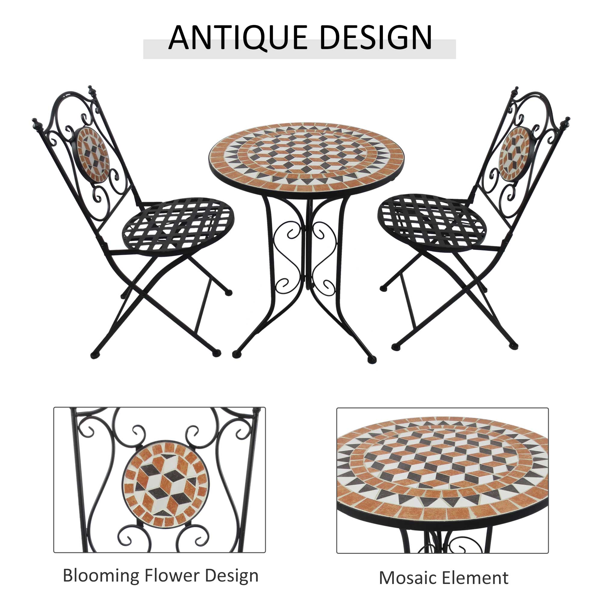 Outsunny 3 PCs Garden Mosaic Bistro Set Outdoor Patio 2 Folding Chairs & 1 Round Table  Outdoor Furniture Vintage 