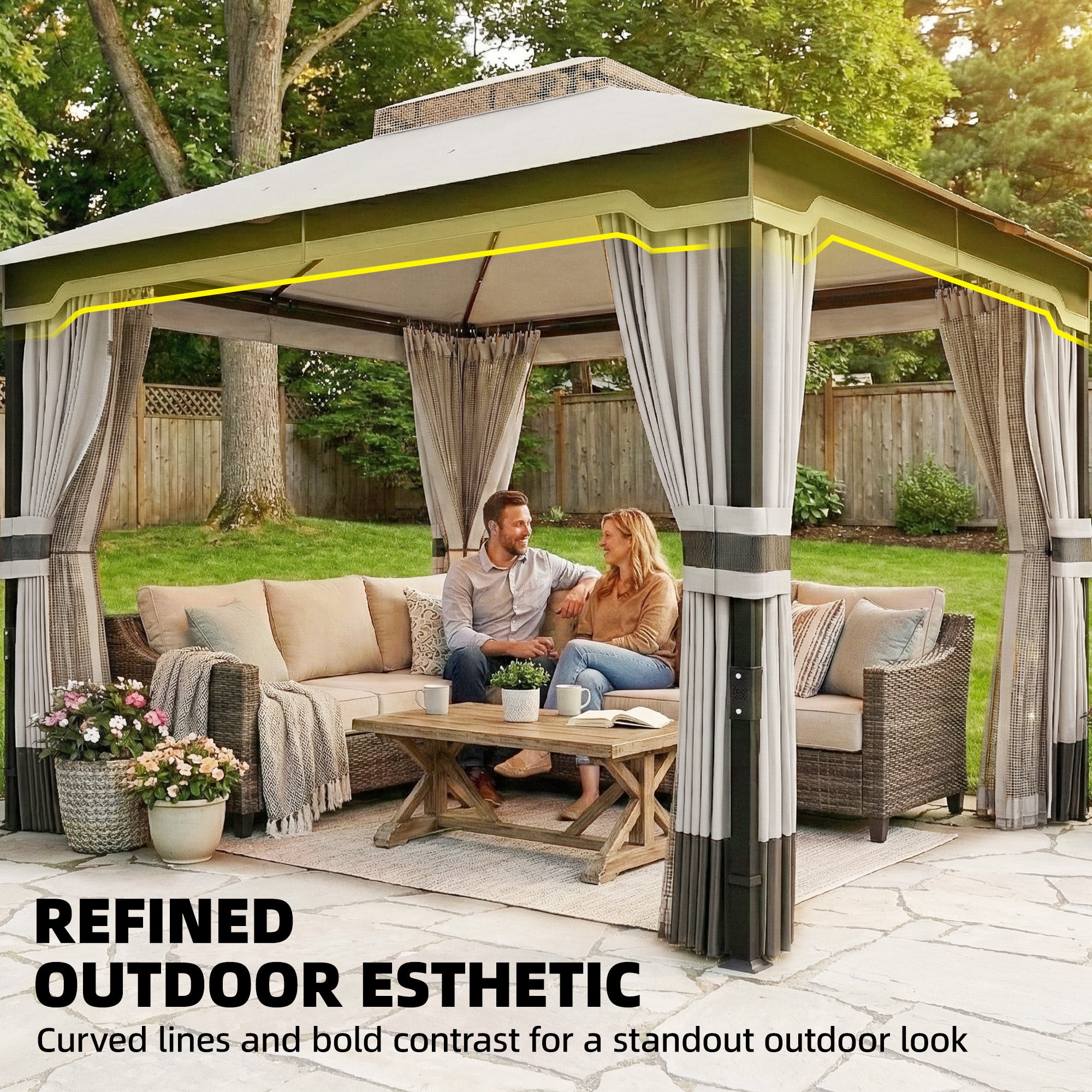 Outsunny 3 x 3.6 m Outdoor Garden Gazebo with Netting and Curtains, Double Roof Patio Gazebo Permanent Pavilion, Light Grey 