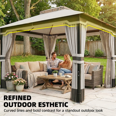 Outsunny 3 x 3.6 m Outdoor Garden Gazebo with Netting and Curtains, Double Roof Patio Gazebo Permanent Pavilion, Light Grey 