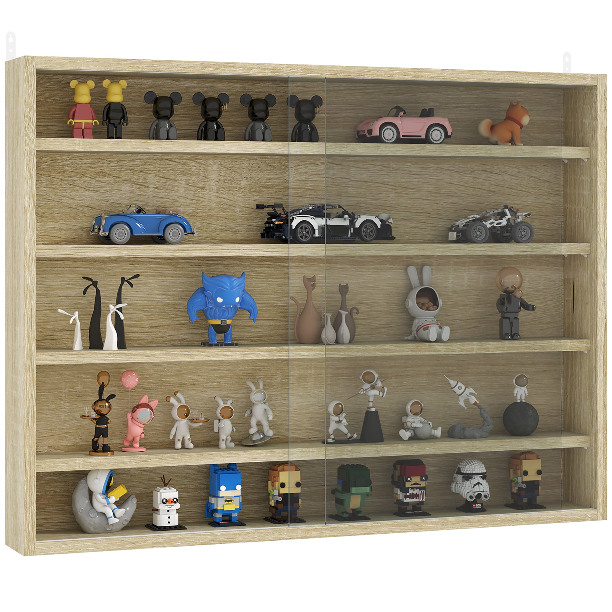 HOMCOM 5-Tier Wall Display Shelf Unit Cabinet w/ 4 Adjustable Shelves Glass Doors Home Office Ornaments 60x80cm Oak 