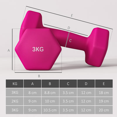 SPORTNOW Set of 6 Hex Dumbbells, Neoprene Weights Pair with Non-Slip Grip, Home Gym Fitness Training Equipment, 2 x 3kg, 2 x 4kg, 2 x 5kg, Pink, Purple, Green 