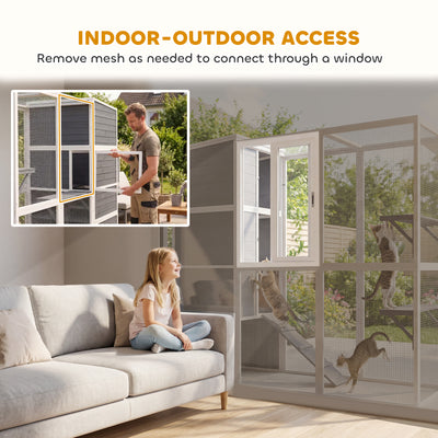 PawHut 4-Tier Wooden Catio Cat Outdoor Enclosure with Sun Roof, Resting Rooms, 3 Platforms, Window Outdoor Indoor, Grey 