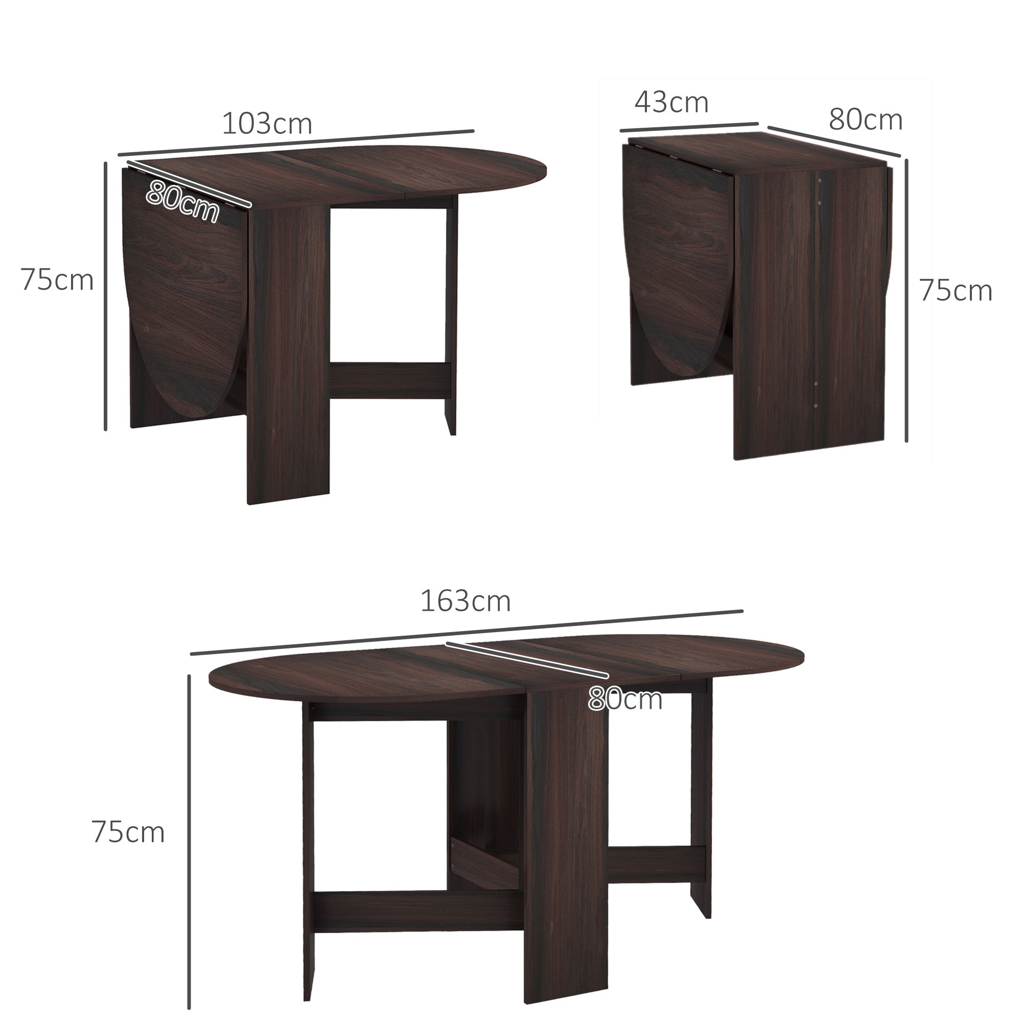 HOMCOM Folding Dining Table, Drop Leaf Table for Small Spaces, Oval Tabletop for Dining Room, Chocolate Wood Effect 