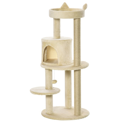 PawHut 104 cm Cat Tree, Cat Condo Tree Tower, Cat Activity Centre with Scratching Posts, Plush Perch, Hanging Ball - Cream White 