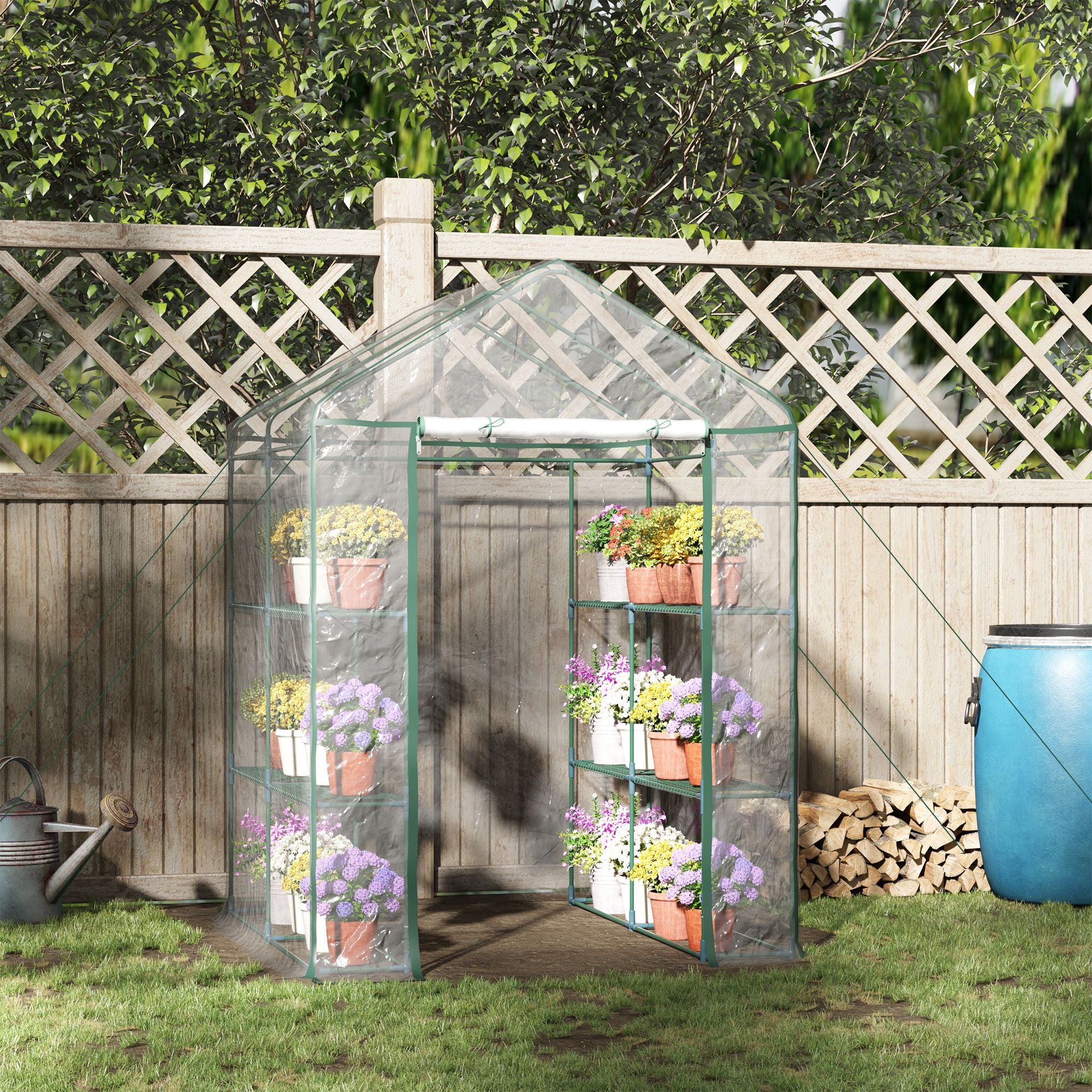 Outsunny Walk in Greenhouse with 3-Tier 8 Shelves, Green House with Hemmed Cover, Roll-up Zipped Door, Steel Frame, 143 x 143 x 195cm 