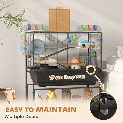 PawHut 3 Tier Large Hamster Cage on Wheels with 17 cm Deep Tray, Storage Shelf for Syrian, Gerbil, Rats 