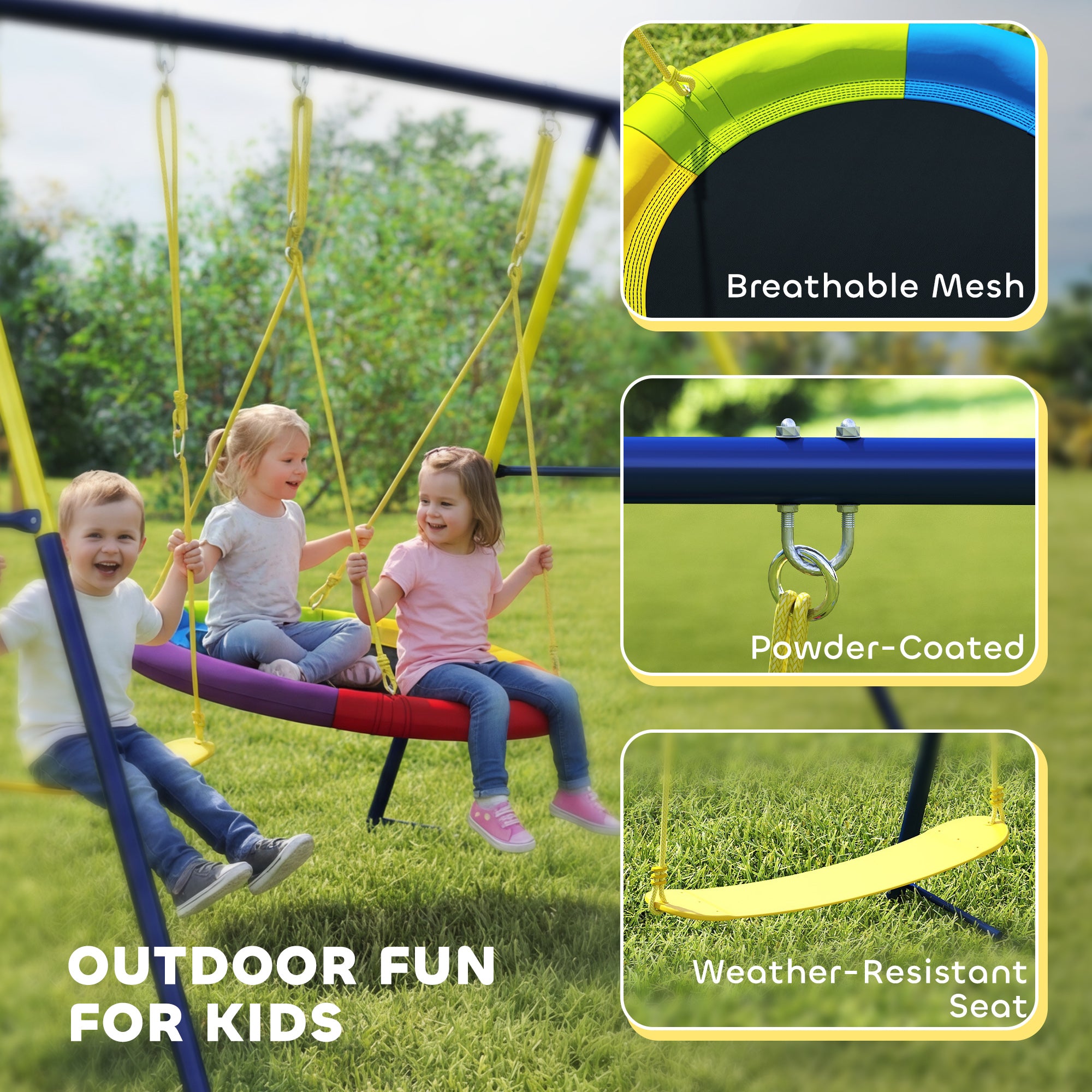 AIYAPLAY Kids Swing Set with Double Swings, Outdoor Playset with Adjustable Ropes, Metal Frame for Ages 3-8, 150kg Capacity 